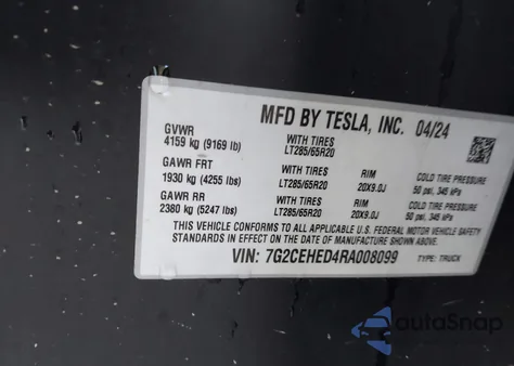 2024 Tesla Cybertruck All-Wheel Drive z USA, uszkodzony, nr VIN 7G2CEHED4RA008099